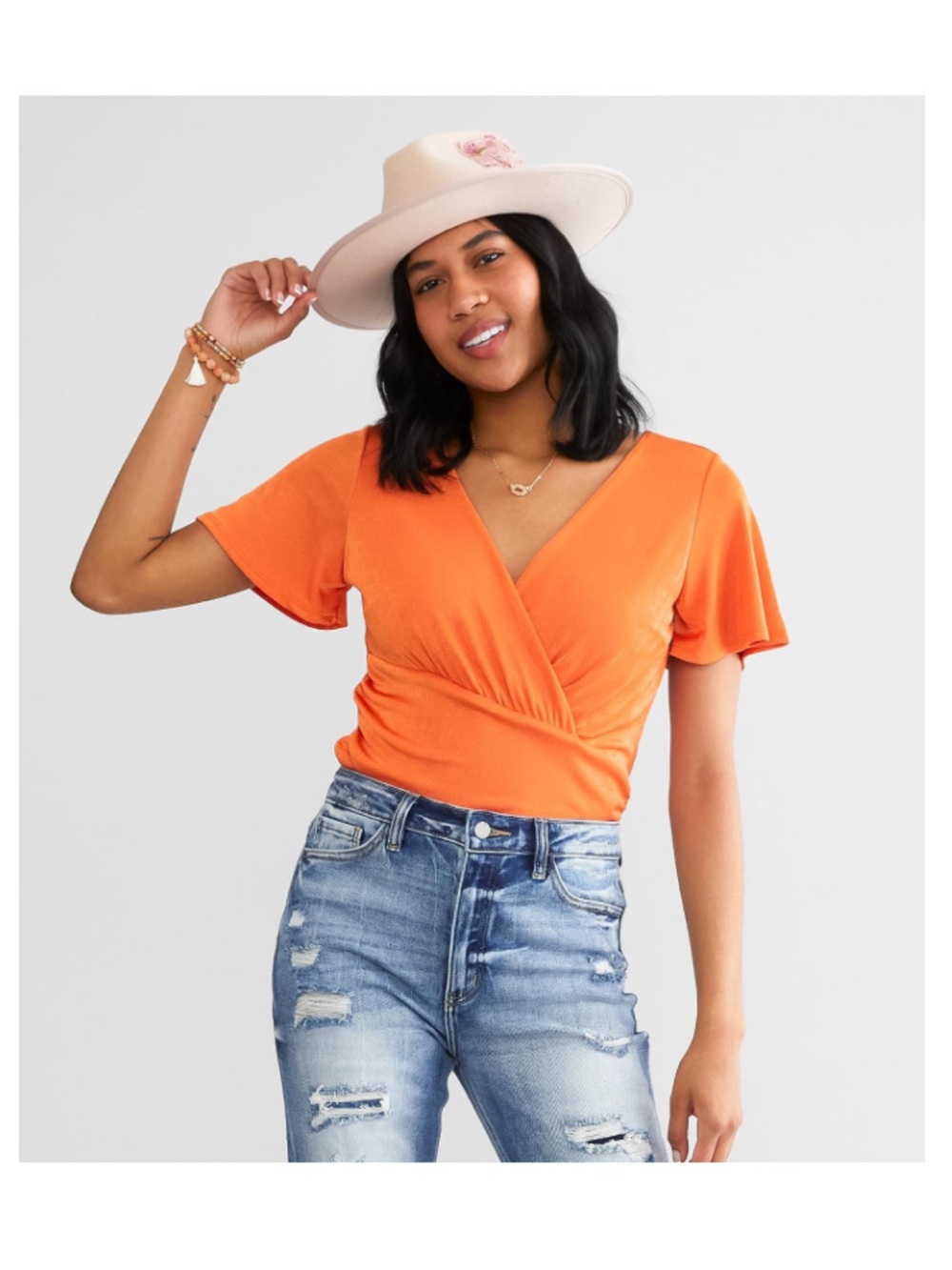 *NET* Willow & Root Women's Orange Sheen Surplice Bodysuit Size Small🧡